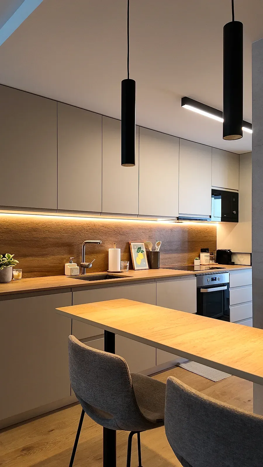 Barra de madera y tira LED bajo los muebles altos en la cocina abierta de Castelldefels